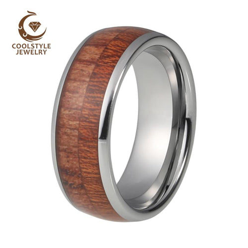 Wedding Band Ring Tungsten Carbide Ring Real Koa Wood Inlay Domed High Polished Comfort Fit 6mm 8mm