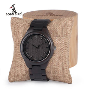 BOBO BIRD Mens Black Ebony Wooden Watches Wood Links Causal Quartz Wrist Watch in Gift Box custom logo