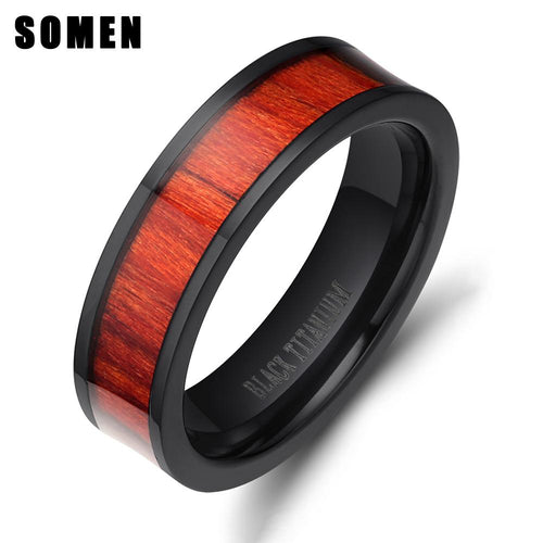 Retro 8mm Red Wood Ring Black Titanium Engagement Rings For Men Vintage Wedding Bands Male Jewelry Bague Not Fade Comfort Fit