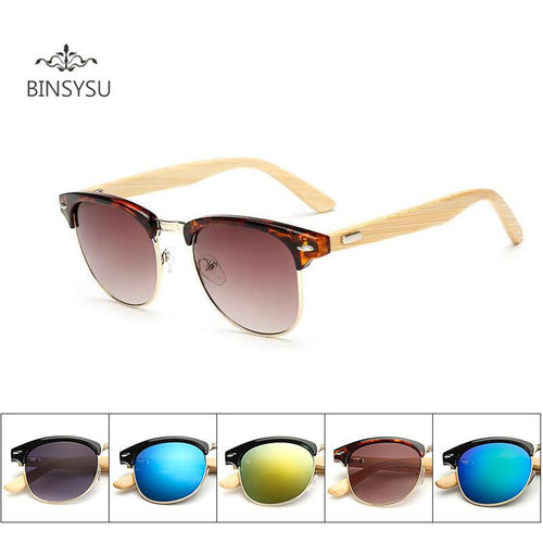 New Fashion Casual Retro Wood Bamboo Sunglasses Men Women Brand Designer club Gold Mirror oculos de sol Half moon glasses 1505